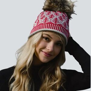 PANACHE Gray With Red Tree Pattern Pom Pom Beanie Hat